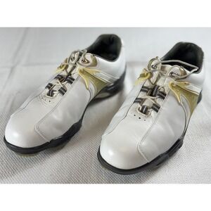 FootJoy DryJoys Golf Shoes 9 Wide White Gold Mens Leather Spiked Cleats OptiFlex